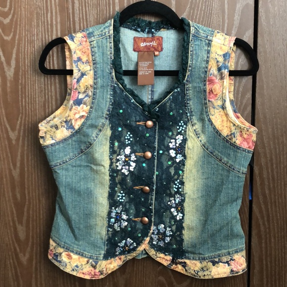 VINTAGE CHAGALL DENIM EMBELLISHED SMJACKET-HIPPIE BOHO APPLIQUÉ BEAD SEQUIN #043 - Picture 12 of 14